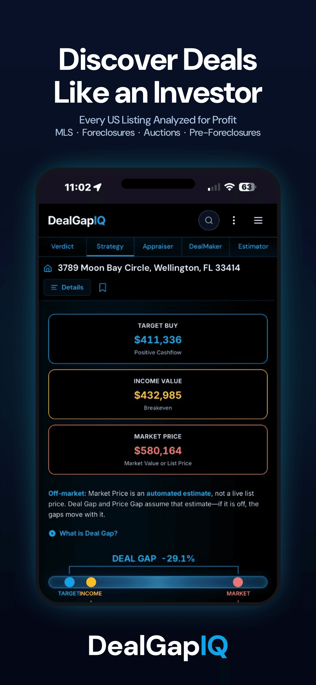 DealGapIQ iOS app: a property viewed through the investor lens with the deal gap between list price and target buy price